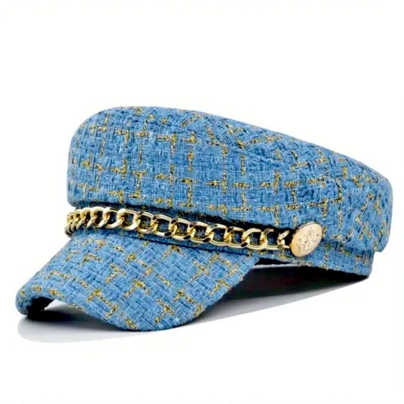 NEW Light Blue Tweed Cal w/Gold Chain Across Visor - Picture 1 of 1